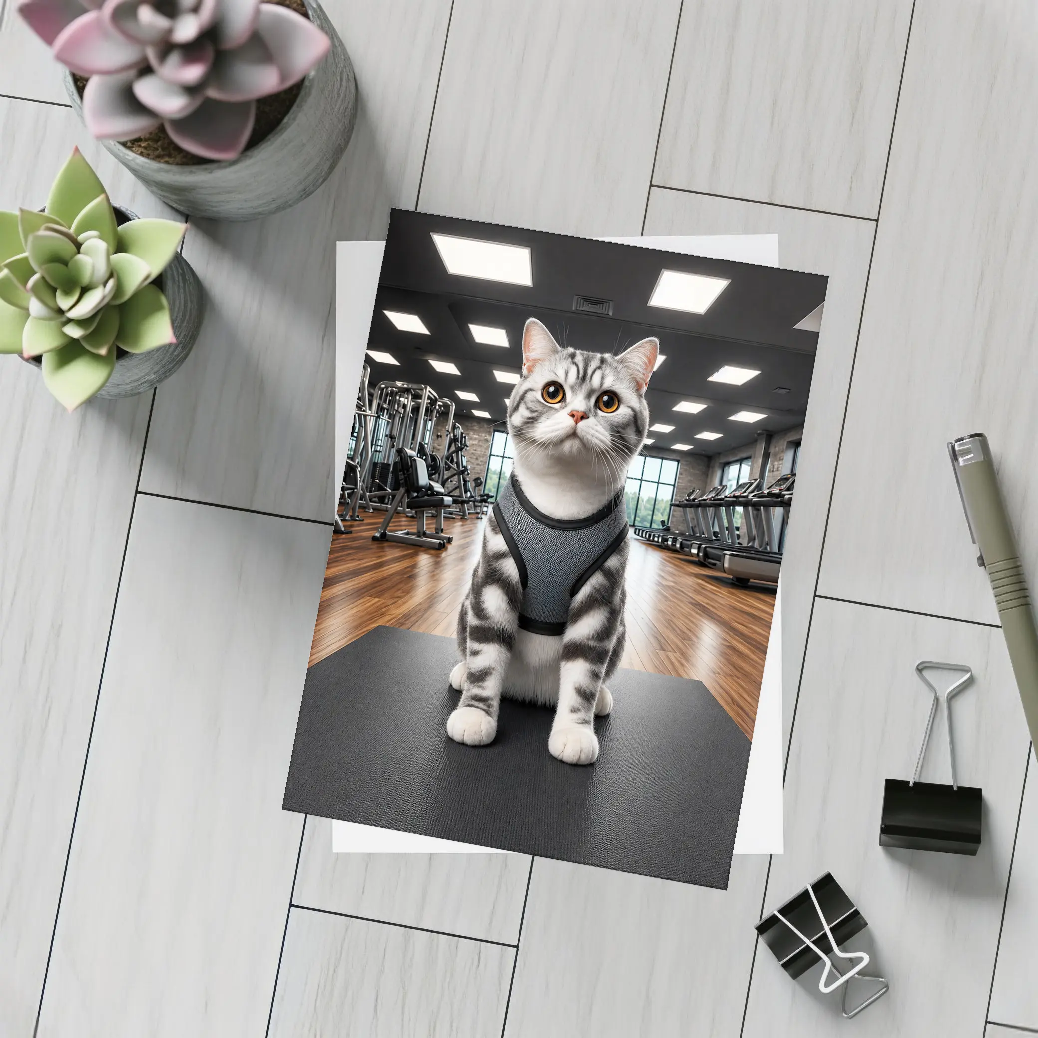 American Shorthair Cat Wearing Harness In Gym – Postcards