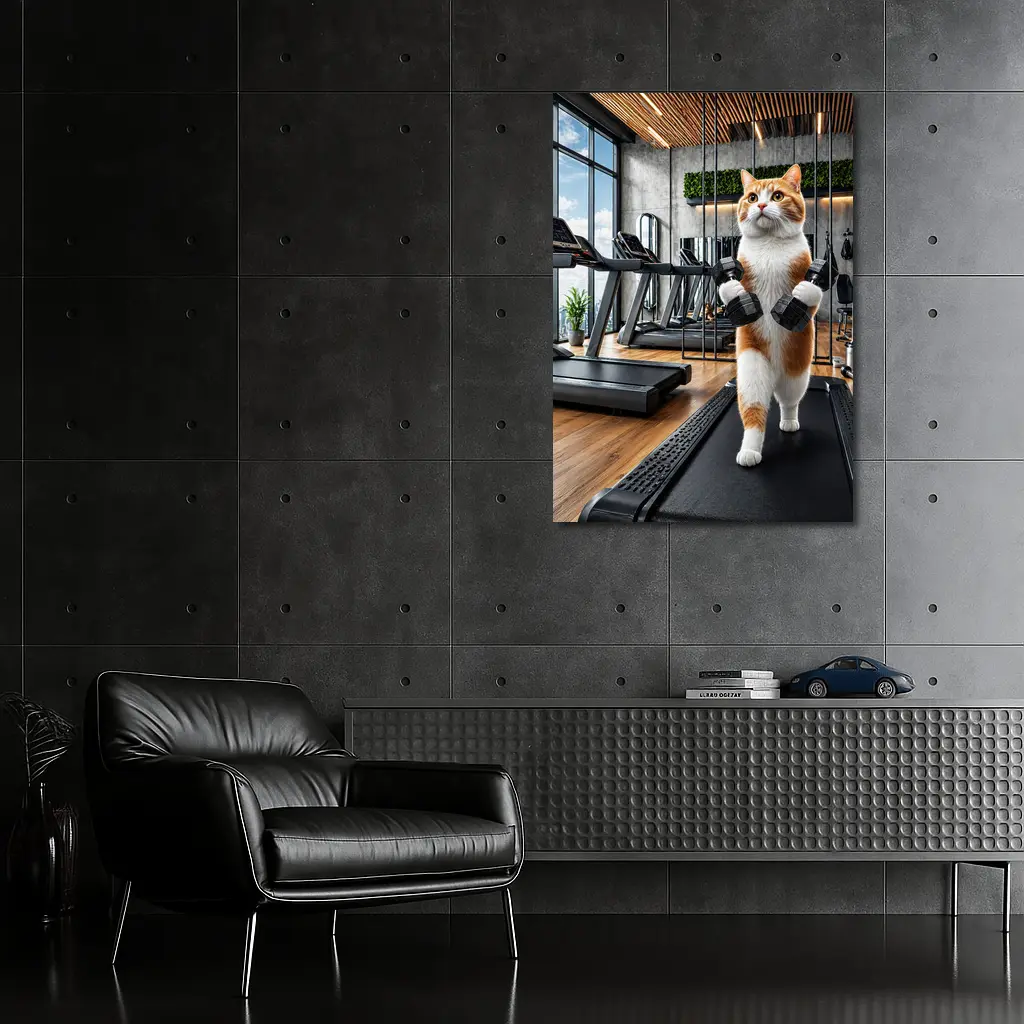Orange Cat Lifting Dumbbells In Gym – Wall Art