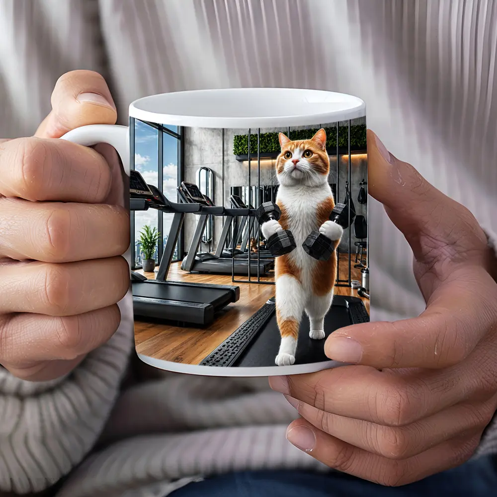 Orange Cat Lifting Dumbbells In Gym – Mugs