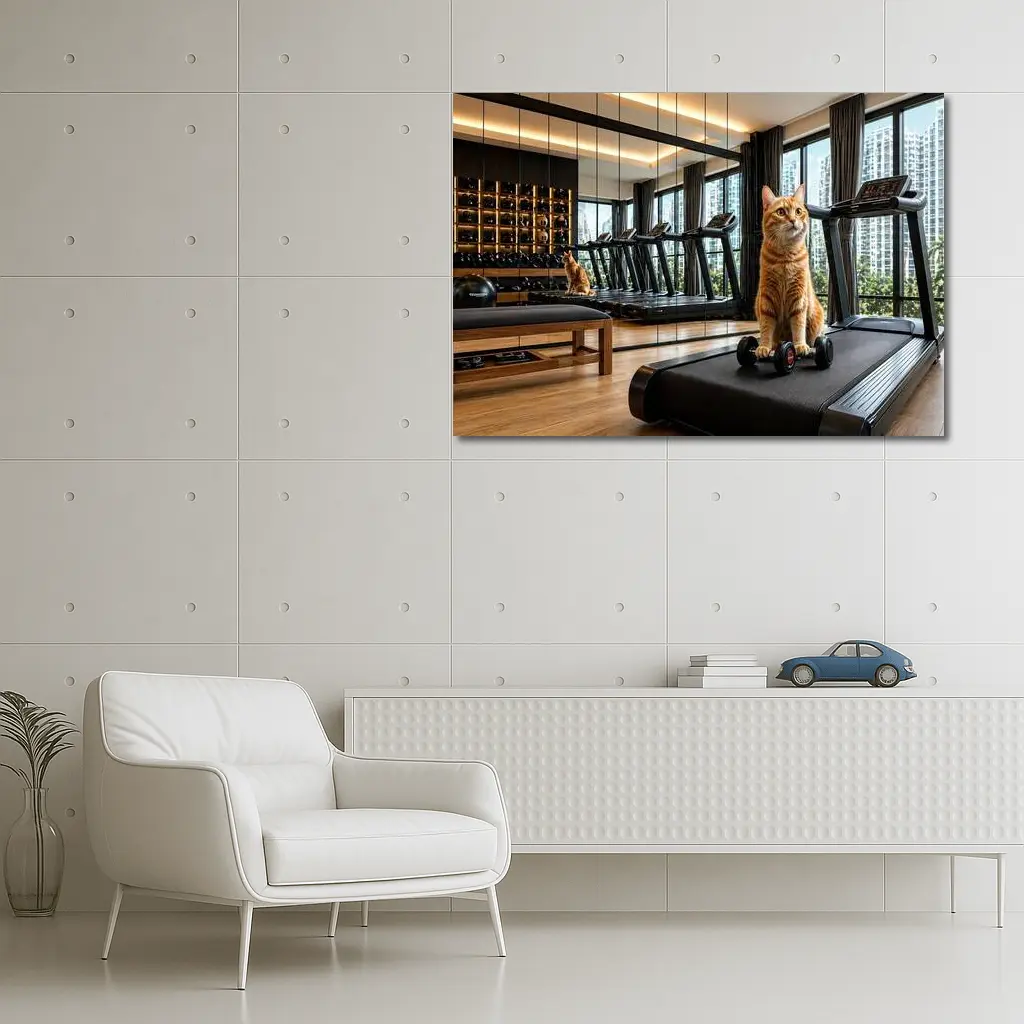 Orange Cat Sitting on Treadmill Modern Gym – Wall Art