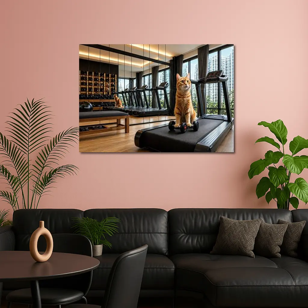 Orange Cat Sitting on Treadmill Modern Gym – Wall Art