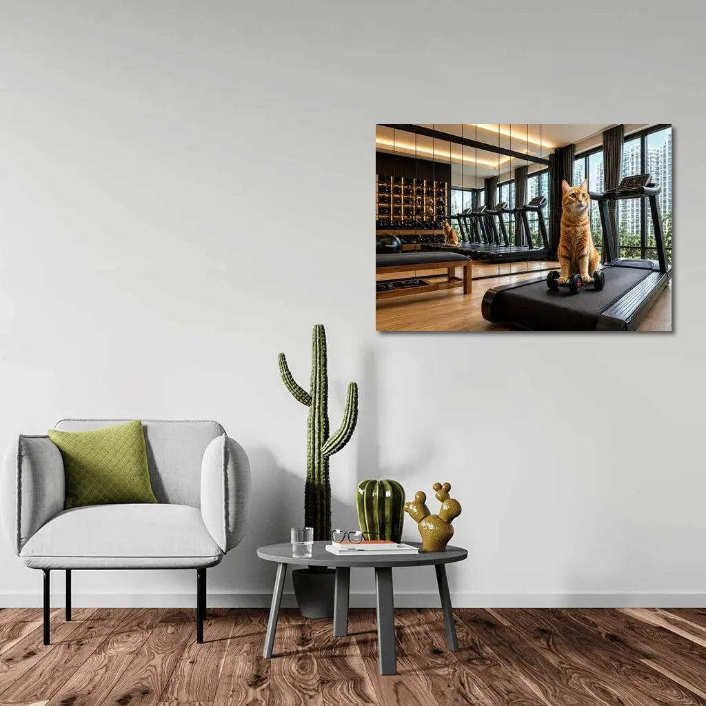 Orange Cat Sitting on Treadmill Modern Gym – Wall Art