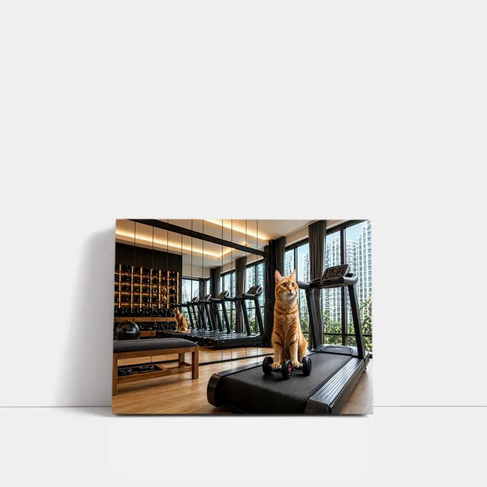 Orange Cat Sitting on Treadmill Modern Gym – Wall Art