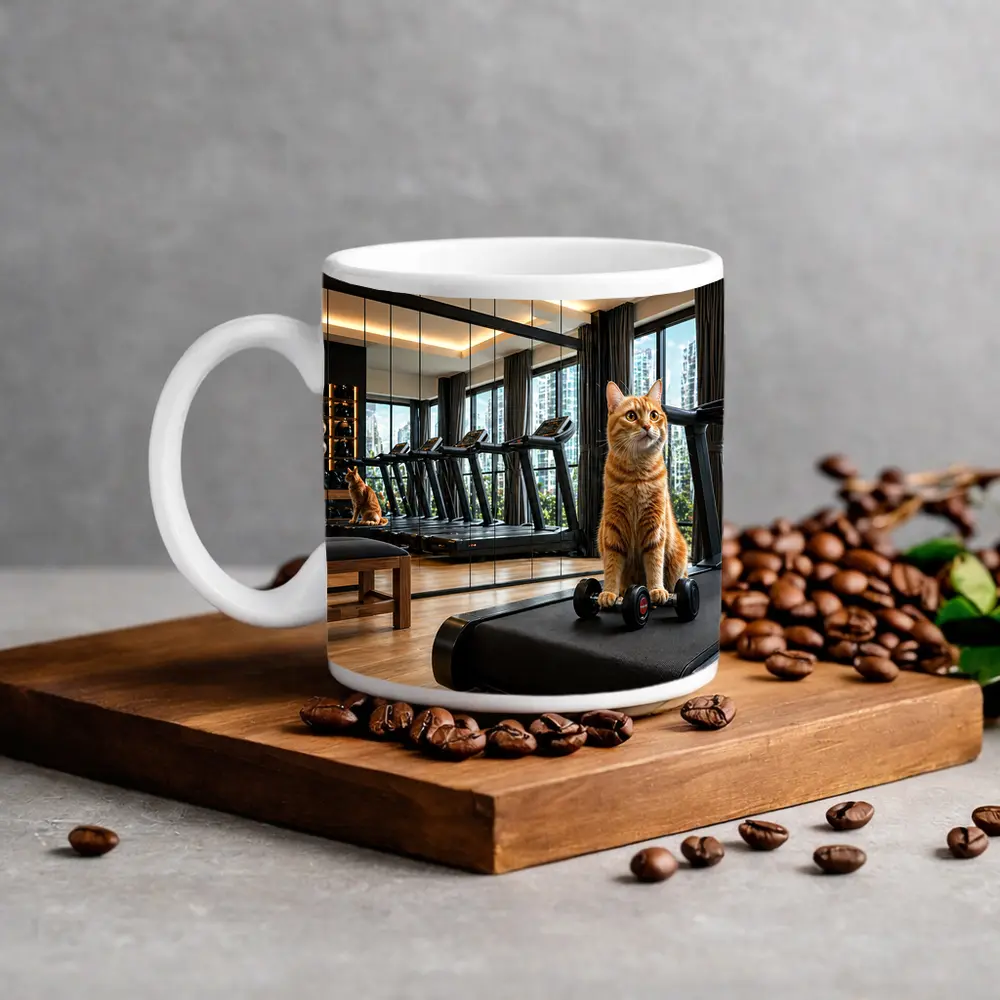Orange Cat Sitting on Treadmill Modern Gym – Mugs