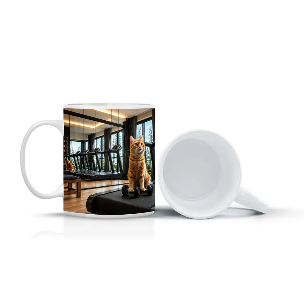 Orange Cat Sitting on Treadmill Modern Gym – Mugs