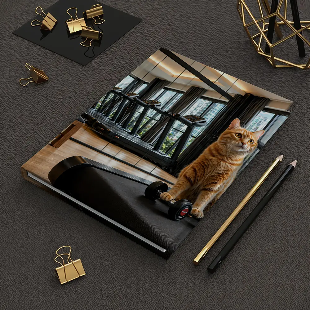 Orange Cat Sitting on Treadmill Modern Gym – Notebooks