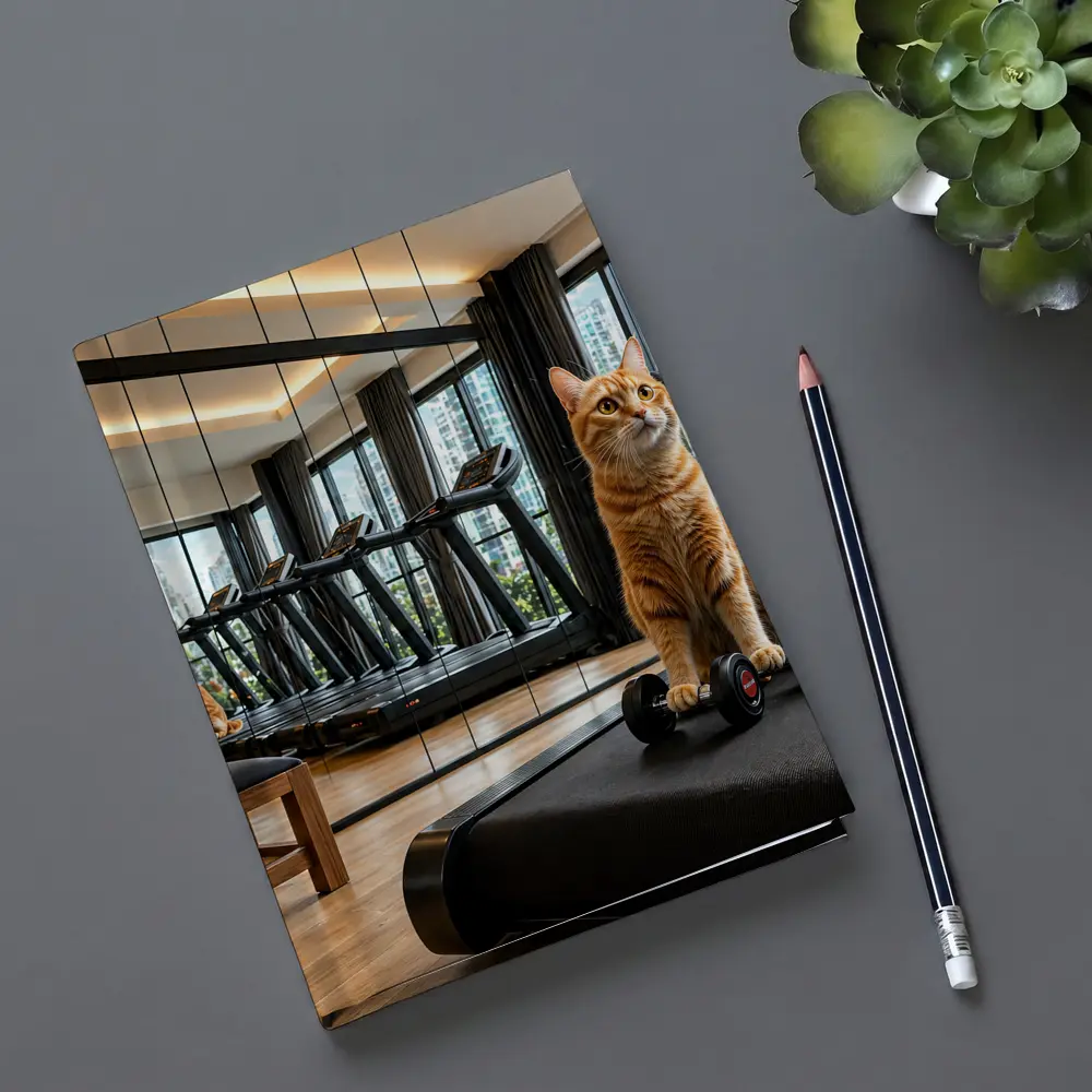 Orange Cat Sitting on Treadmill Modern Gym – Notebooks