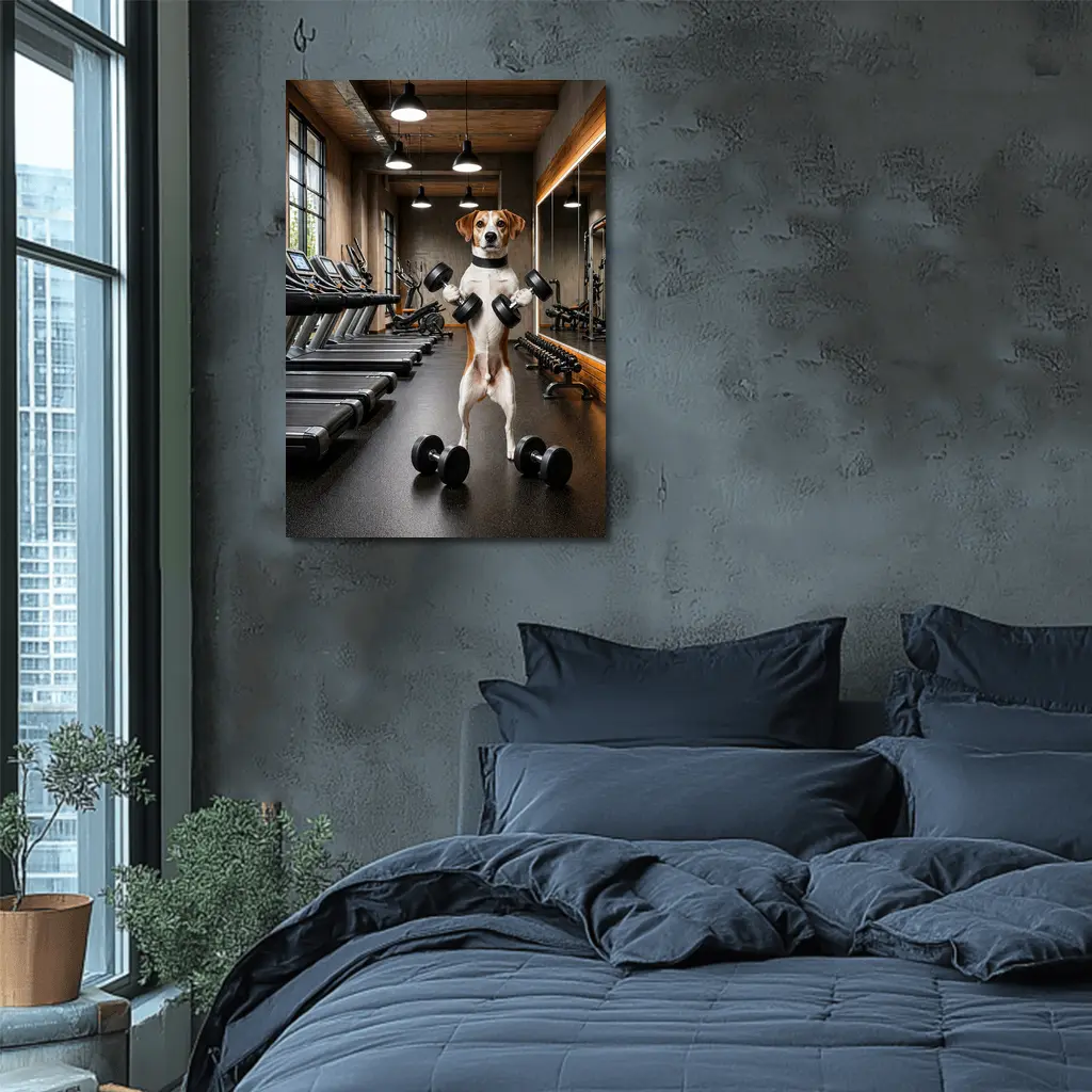 Beagle Lifting Dumbbells In Modern Gym – Wall Art