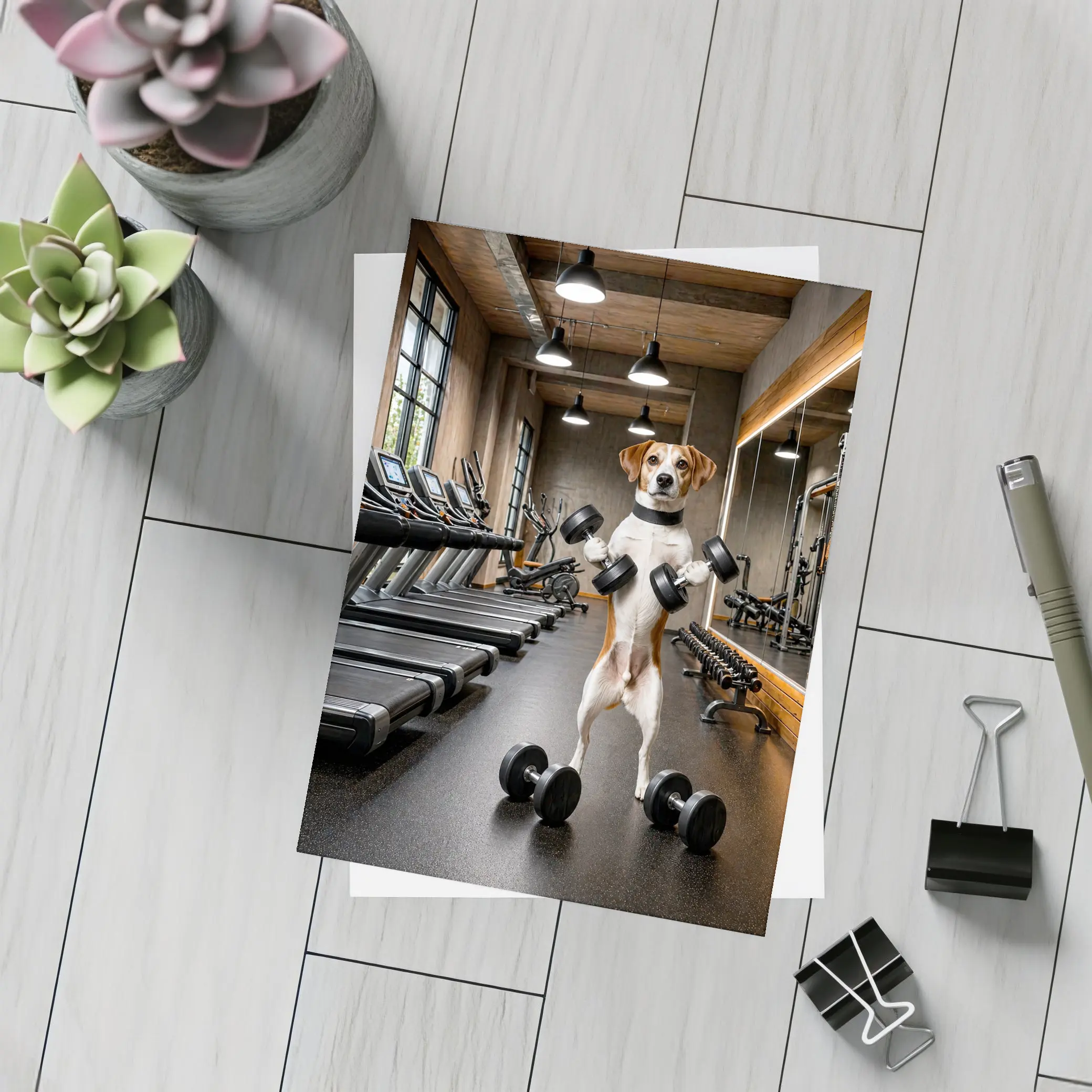 Beagle Lifting Dumbbells In Modern Gym – Postcards