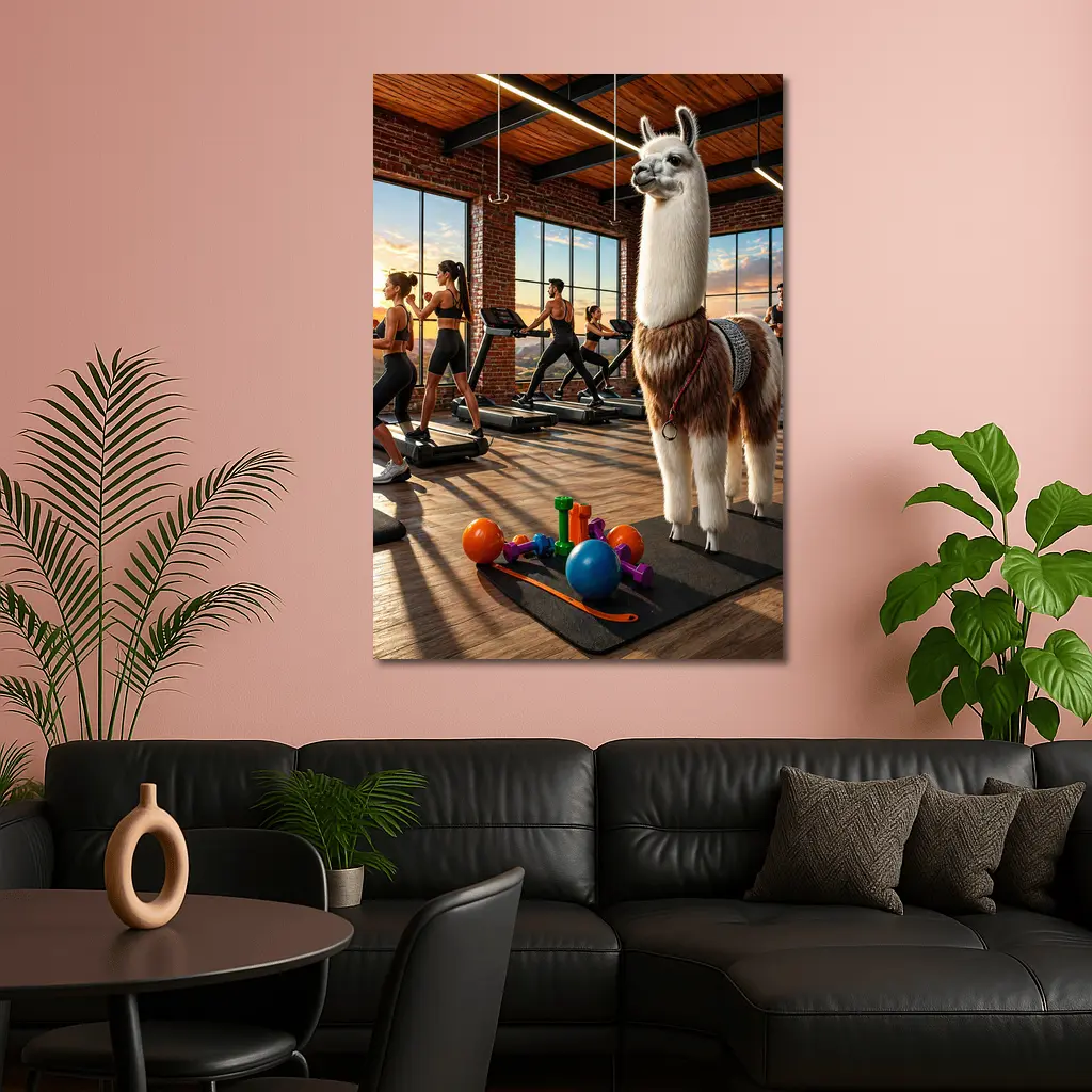 Llama Standing in Busy Fitness Gym – Wall Art
