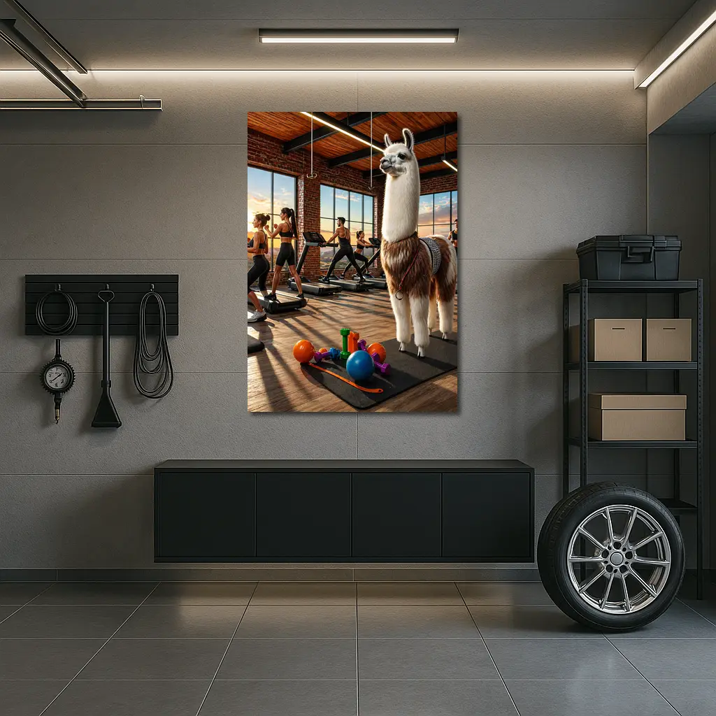 Llama Standing in Busy Fitness Gym – Wall Art