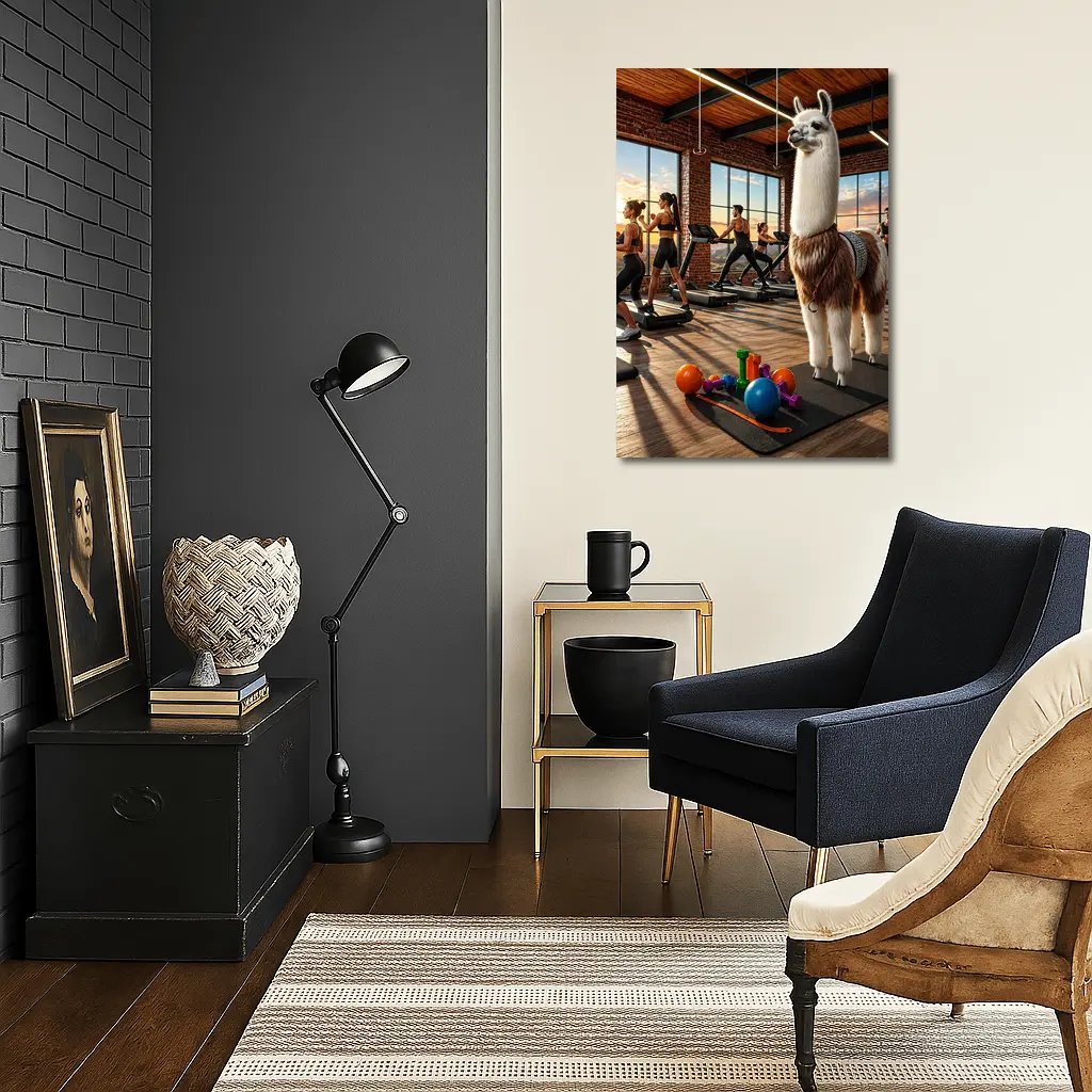 Llama Standing in Busy Fitness Gym – Wall Art
