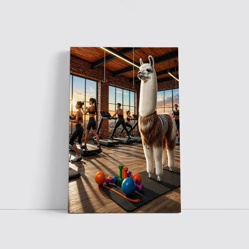 Llama Standing in Busy Fitness Gym – Wall Art