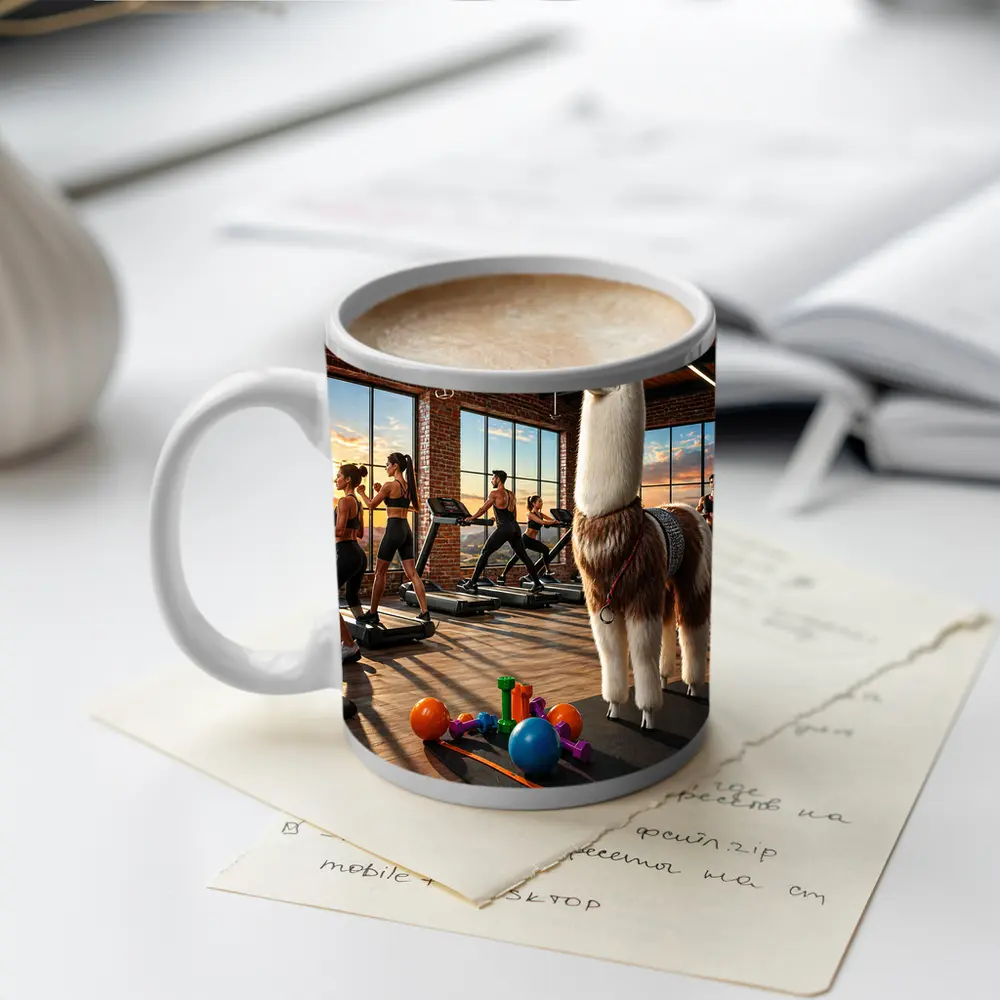 Llama Standing in Busy Fitness Gym – Mugs
