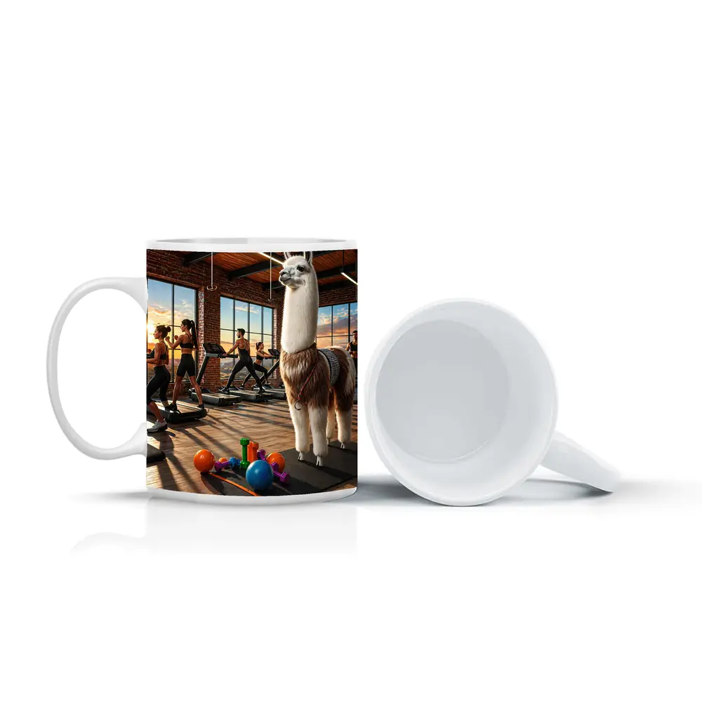 Llama Standing in Busy Fitness Gym – Mugs