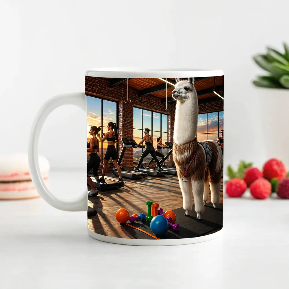Llama Standing in Busy Fitness Gym – Mugs