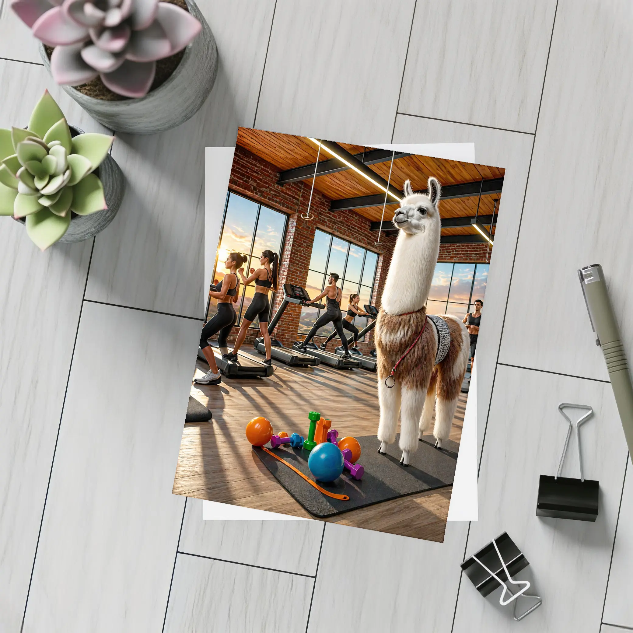 Llama Standing in Busy Fitness Gym – Postcards