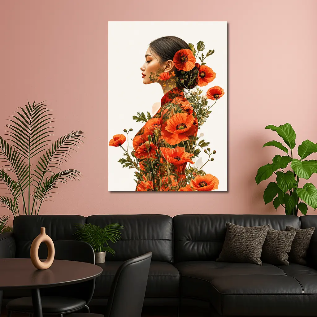 Woman Double Exposure Red Poppies Floral Art – Wall Art