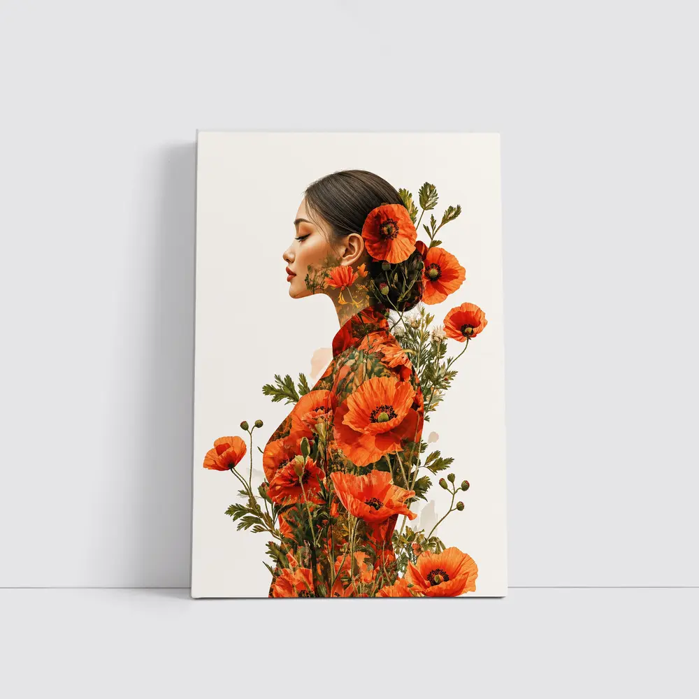 Woman Double Exposure Red Poppies Floral Art – Wall Art