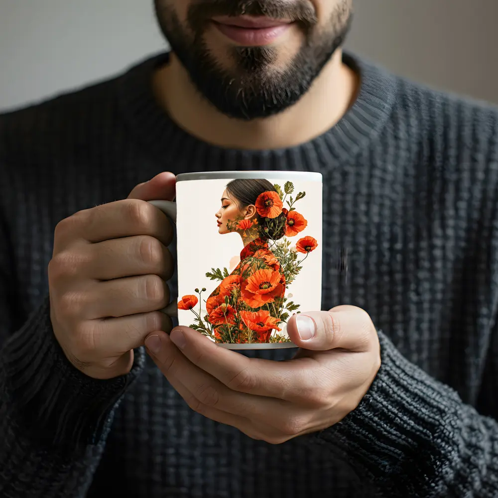 Woman Double Exposure Red Poppies Floral Art – Mugs