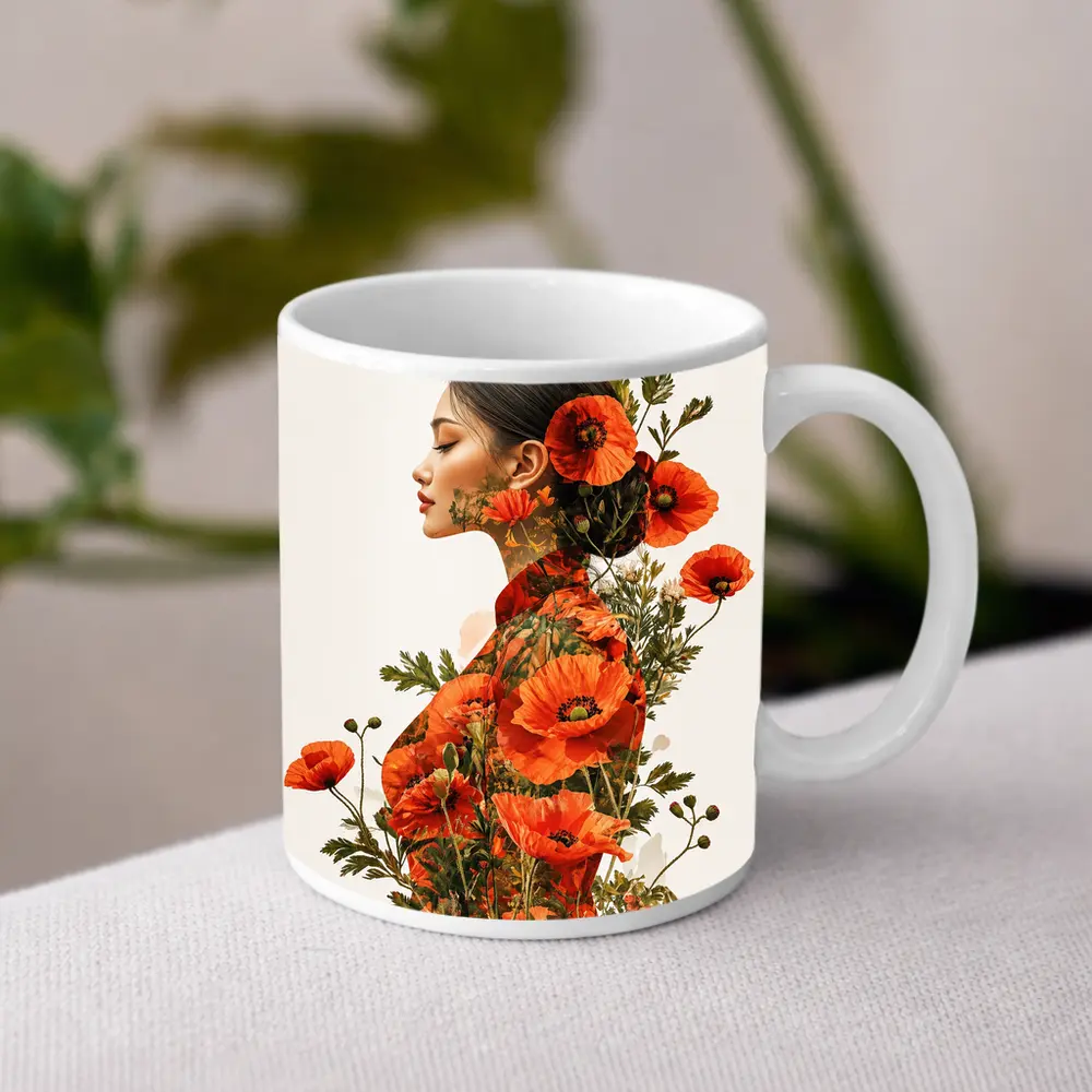 Woman Double Exposure Red Poppies Floral Art – Mugs
