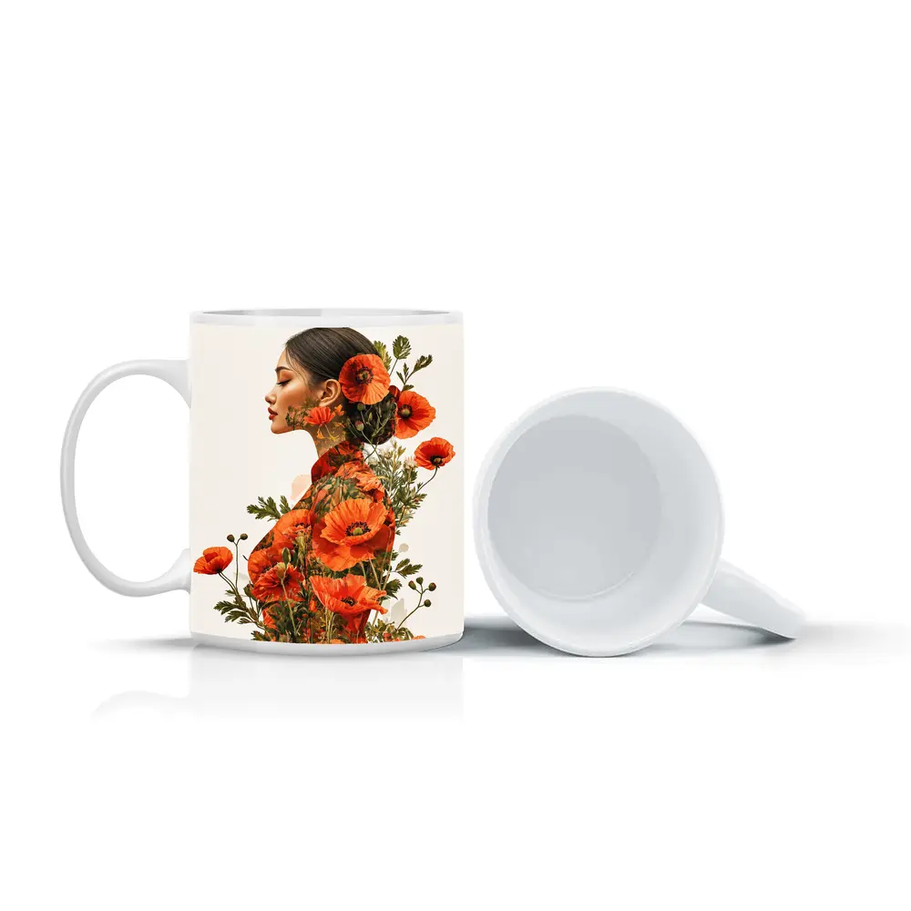 Woman Double Exposure Red Poppies Floral Art – Mugs