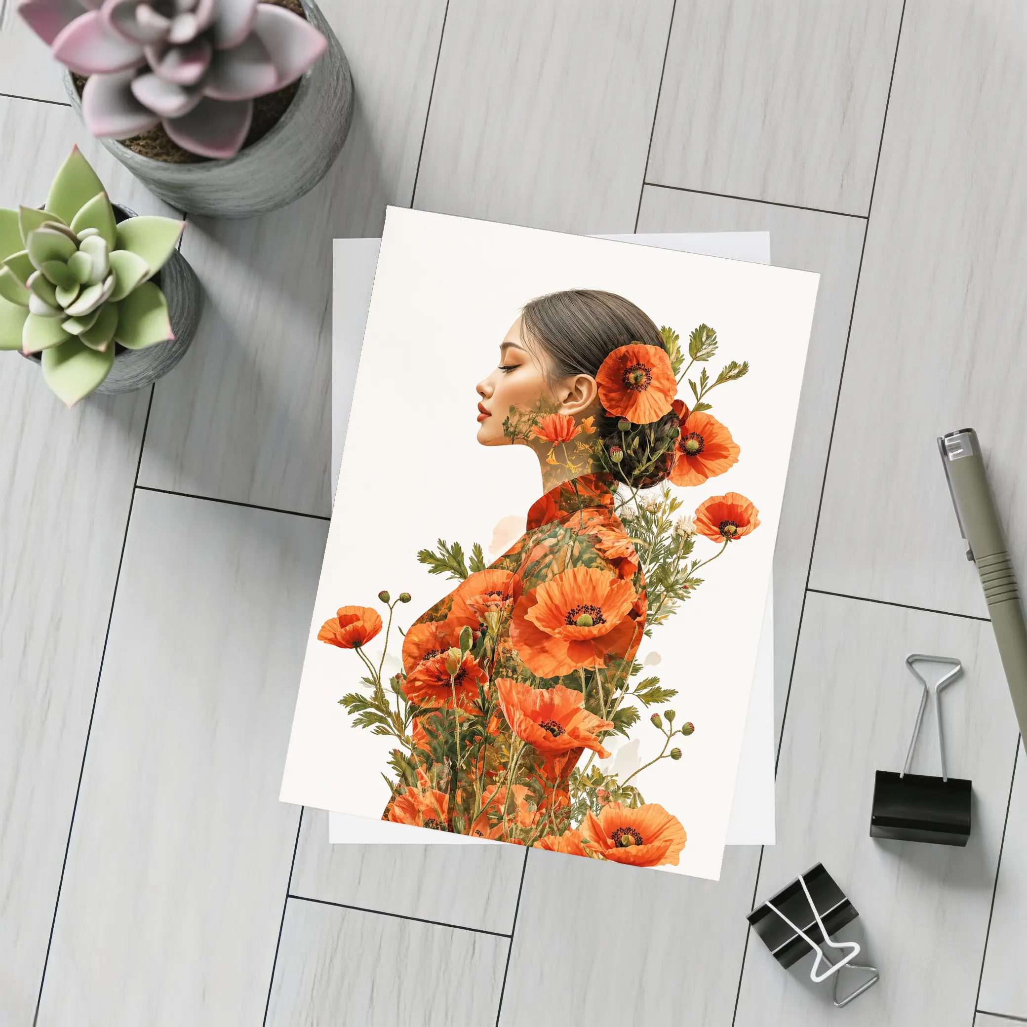 Woman Double Exposure Red Poppies Floral Art – Postcards