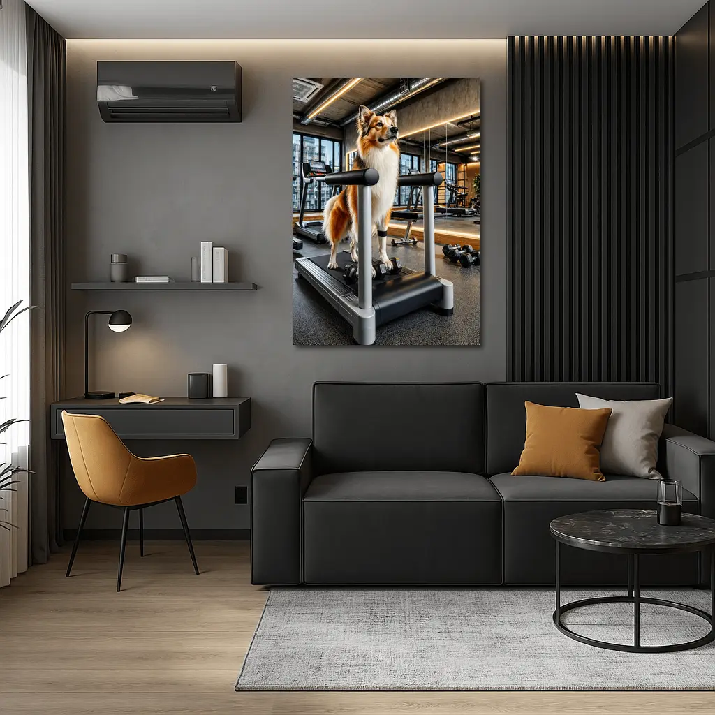 Collie Dog Standing on Gym Treadmill – Wall Art