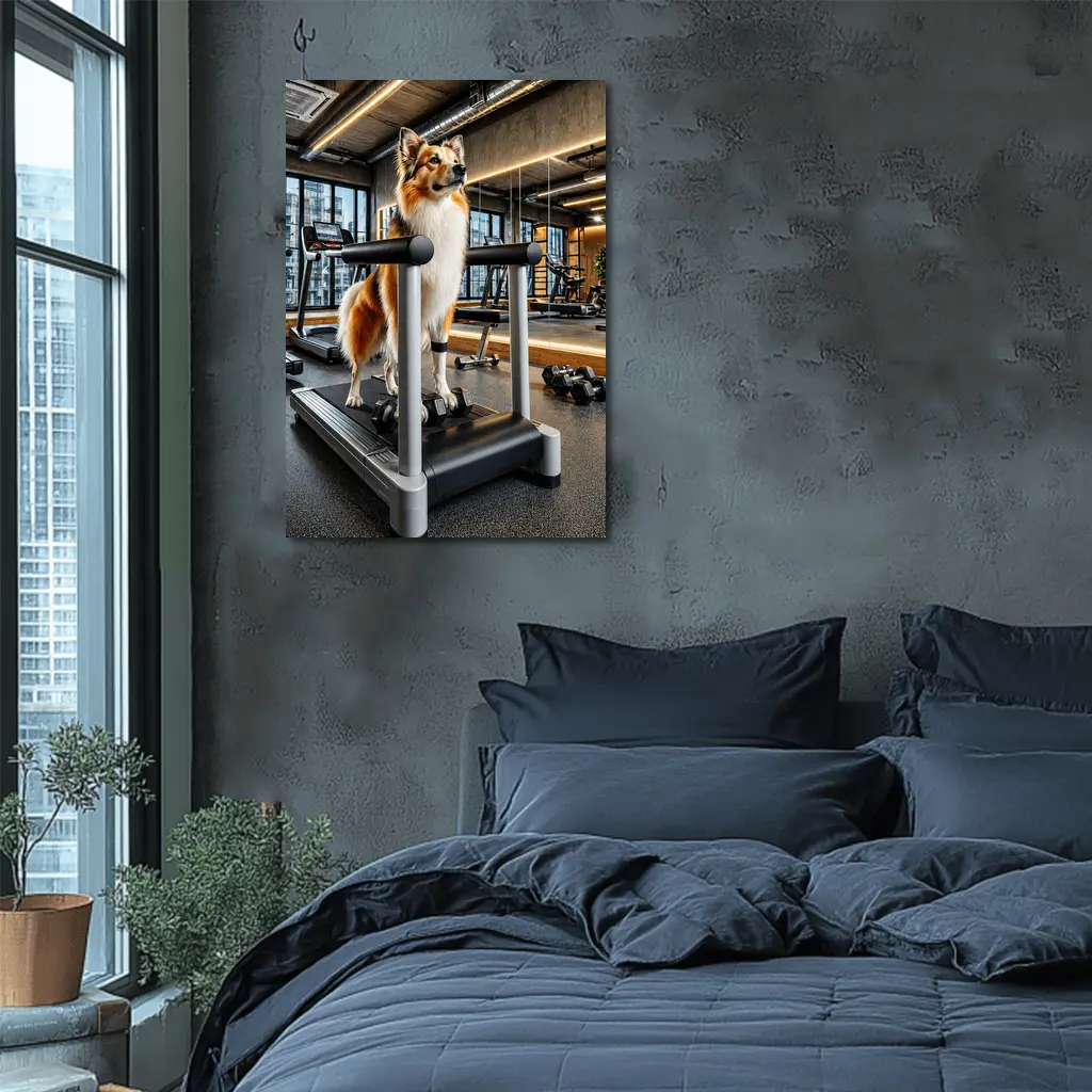 Collie Dog Standing on Gym Treadmill – Wall Art