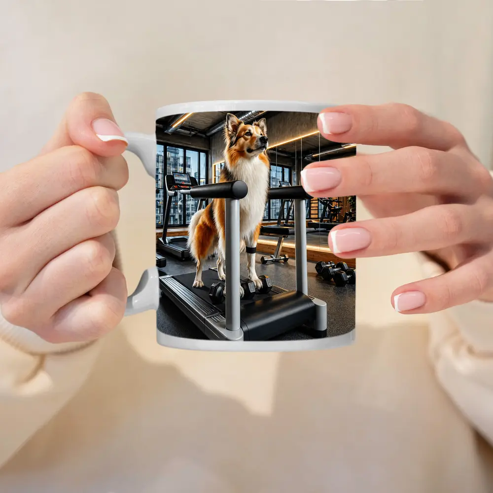 Collie Dog Standing on Gym Treadmill – Mugs