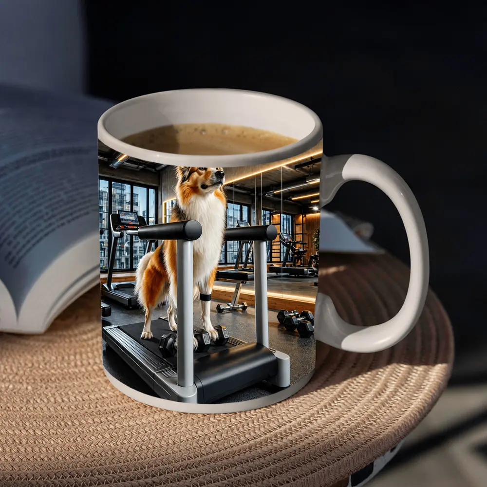 Collie Dog Standing on Gym Treadmill – Mugs