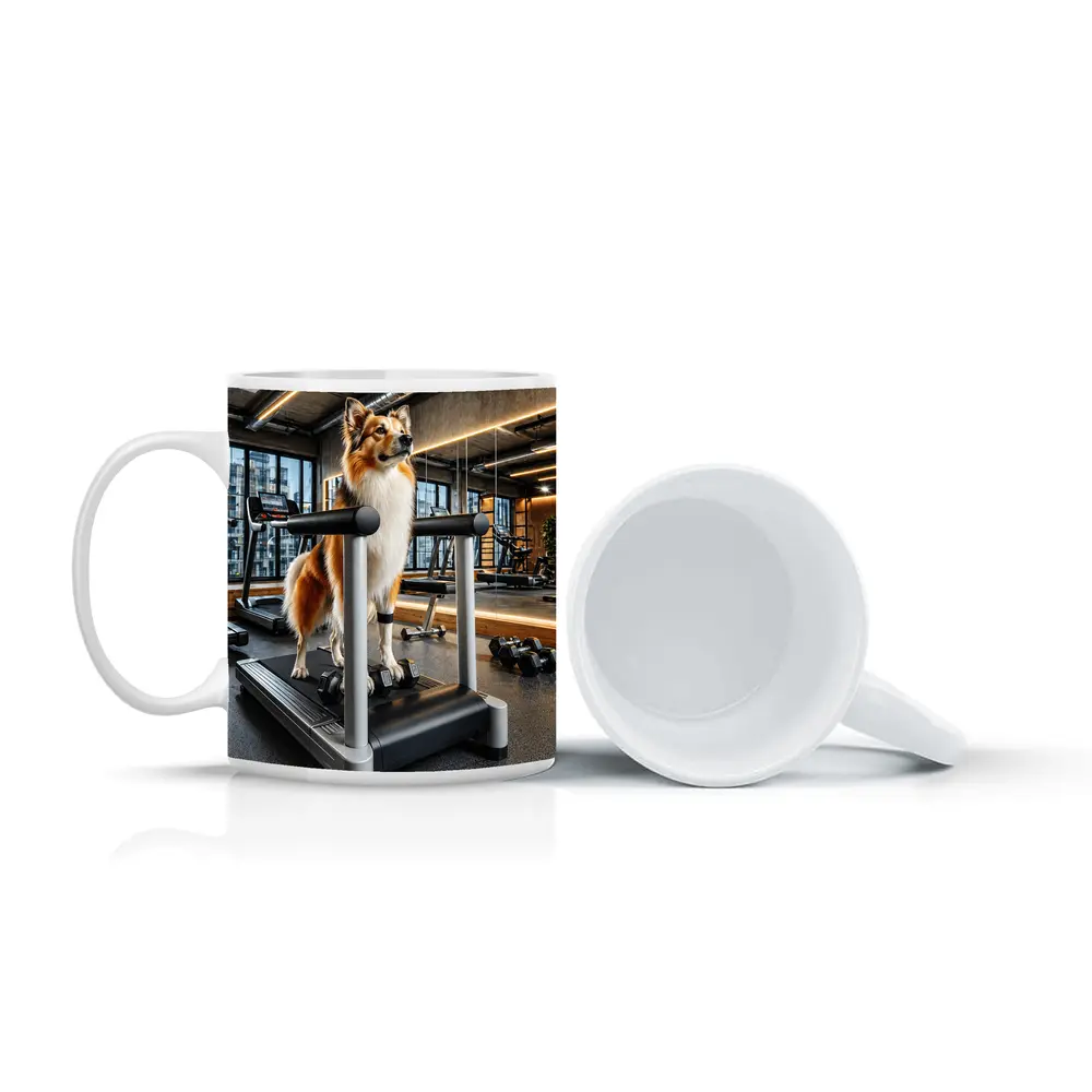 Collie Dog Standing on Gym Treadmill – Mugs