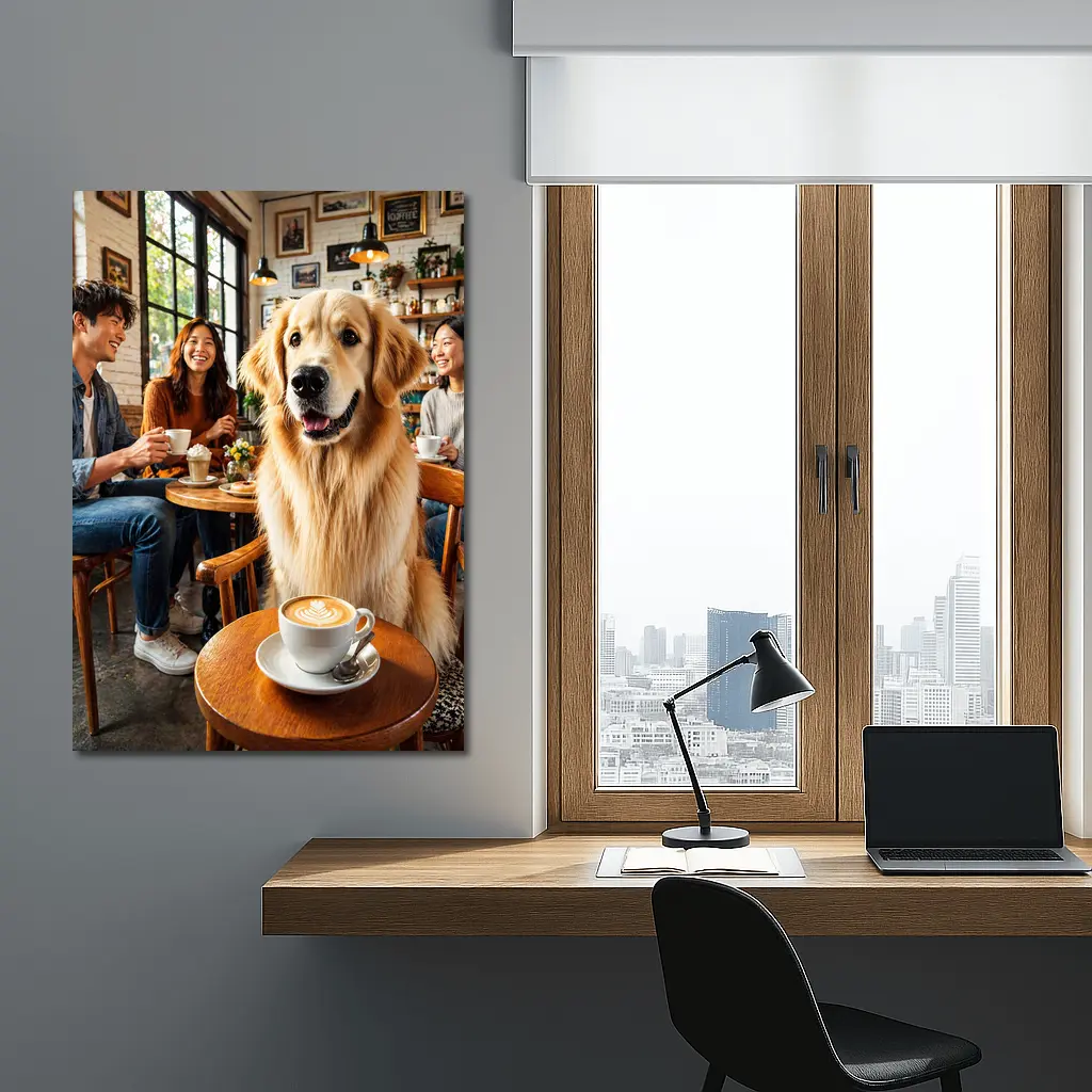 Golden Retriever Dog Relaxing in Coffee Shop – Wall Art