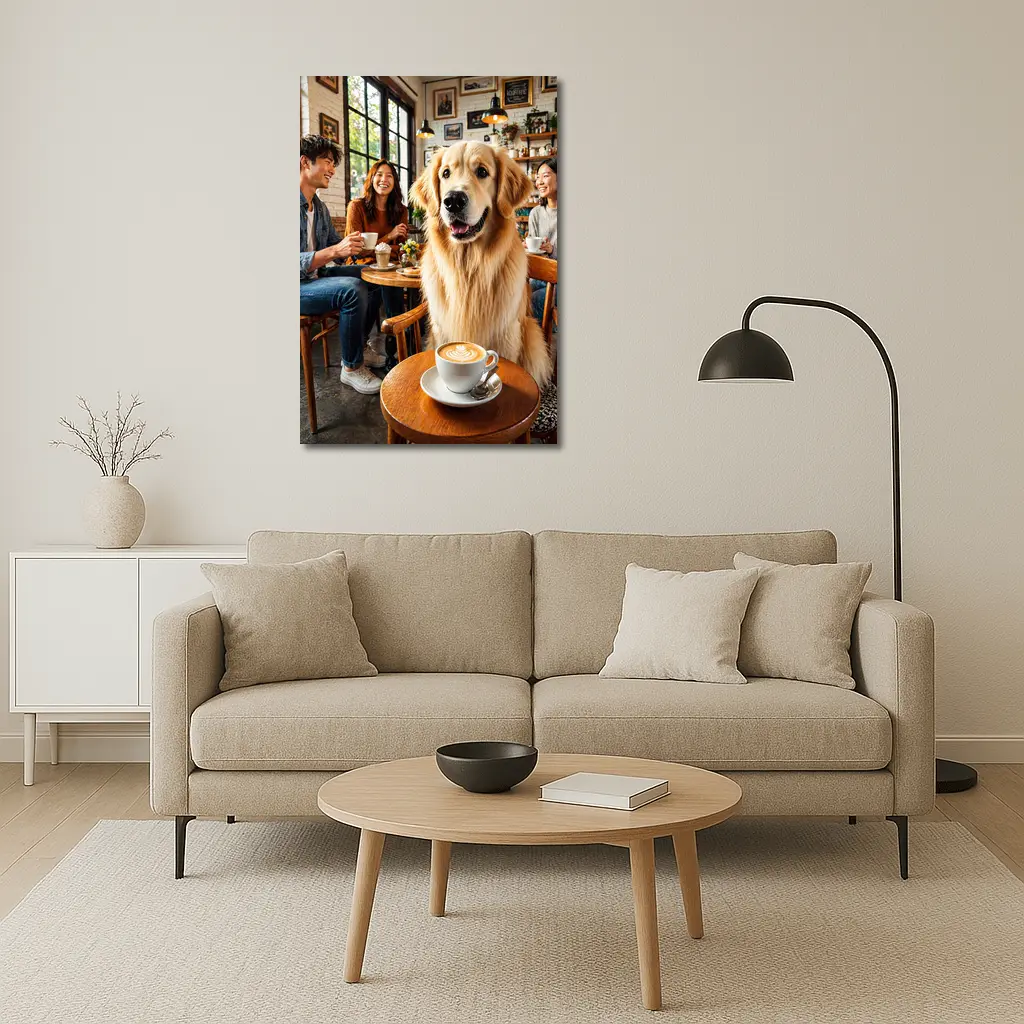 Golden Retriever Dog Relaxing in Coffee Shop – Wall Art