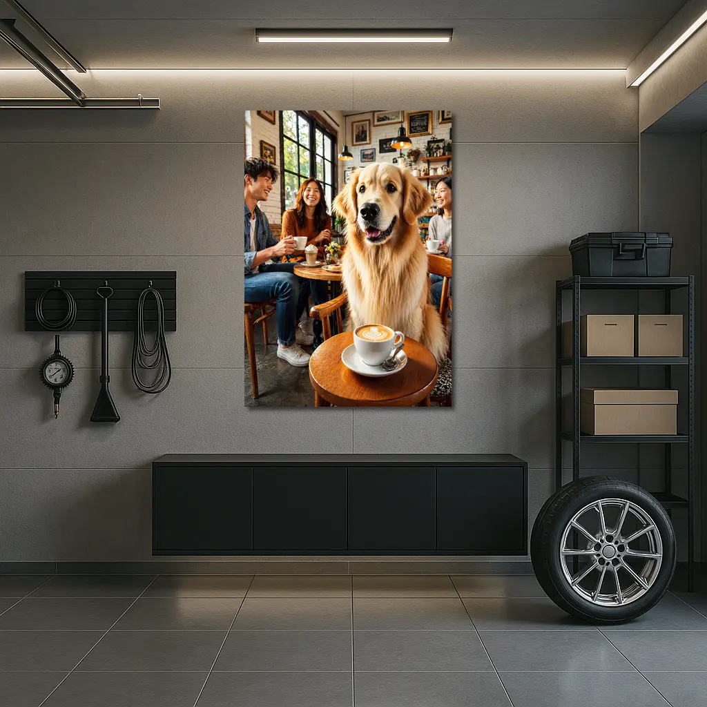 Golden Retriever Dog Relaxing in Coffee Shop – Wall Art