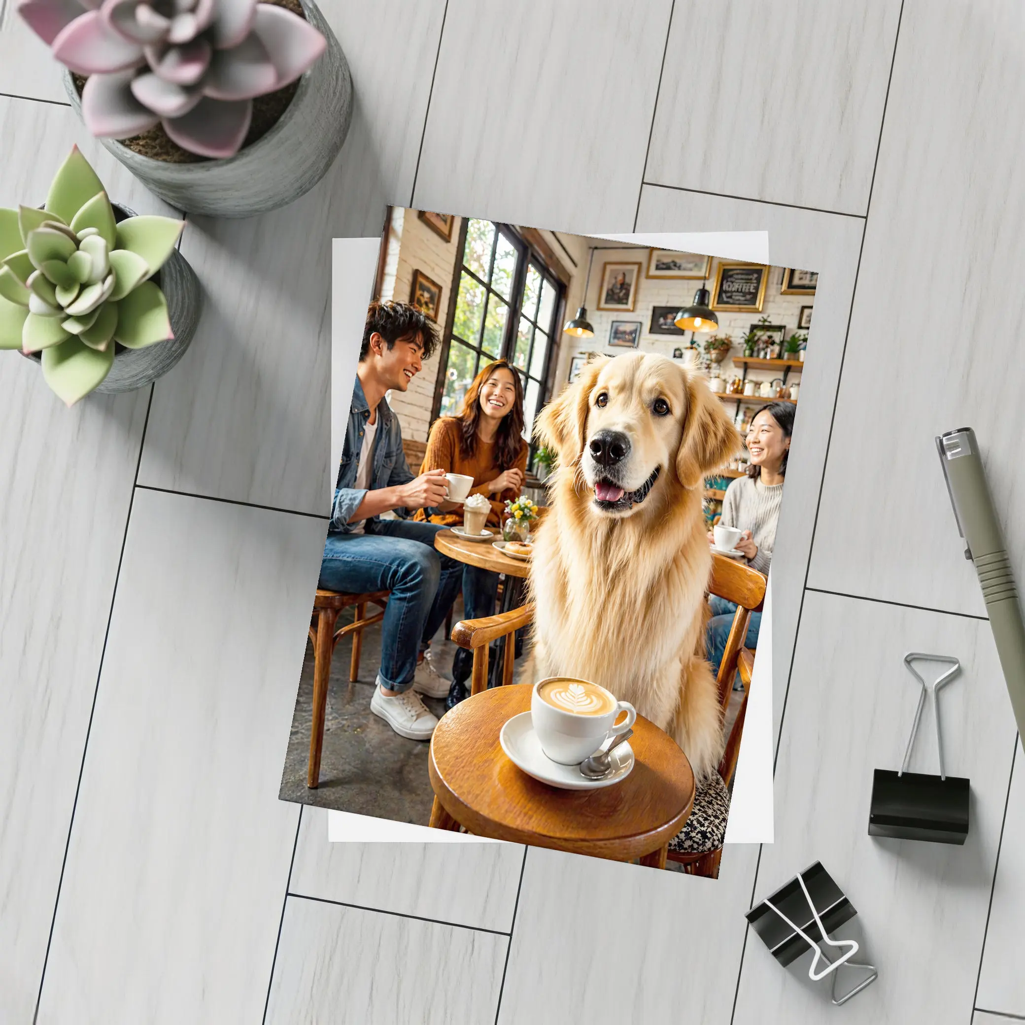 Golden Retriever Dog Relaxing in Coffee Shop – Postcards