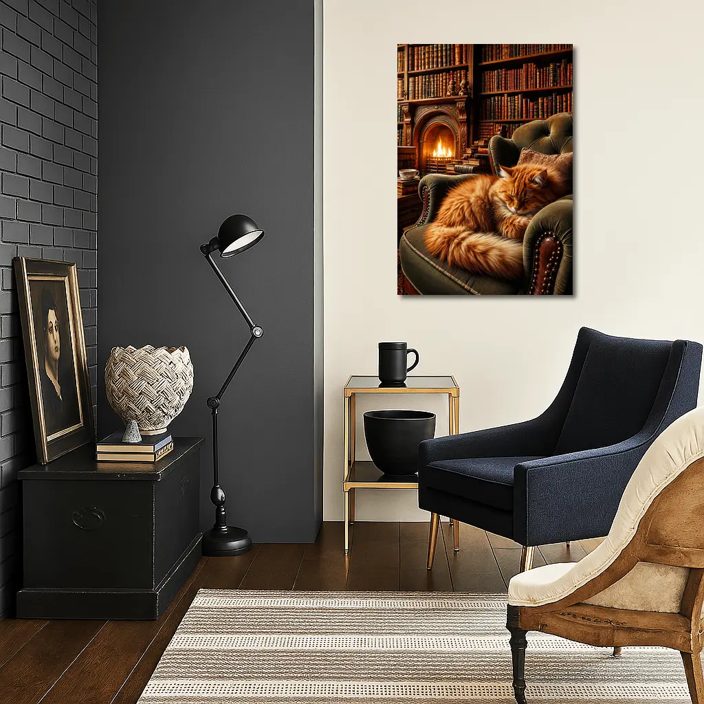 Orange Cat Sleeping in Cozy Library Armchair – Wall Art