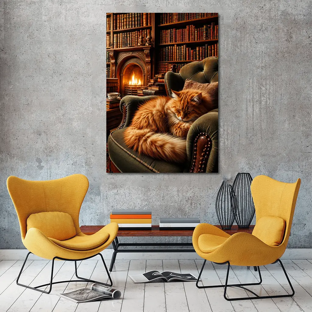 Orange Cat Sleeping in Cozy Library Armchair – Wall Art