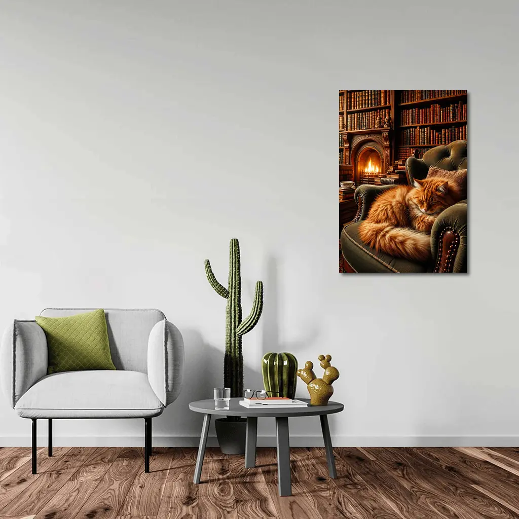Orange Cat Sleeping in Cozy Library Armchair – Wall Art