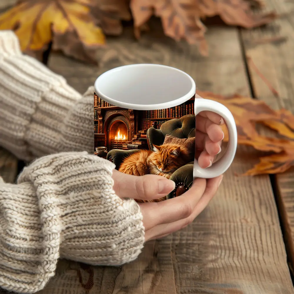 Orange Cat Sleeping in Cozy Library Armchair – Mugs