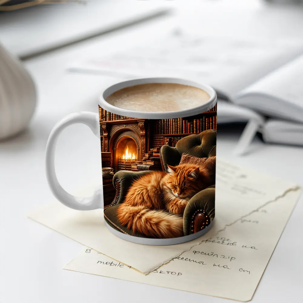 Orange Cat Sleeping in Cozy Library Armchair – Mugs