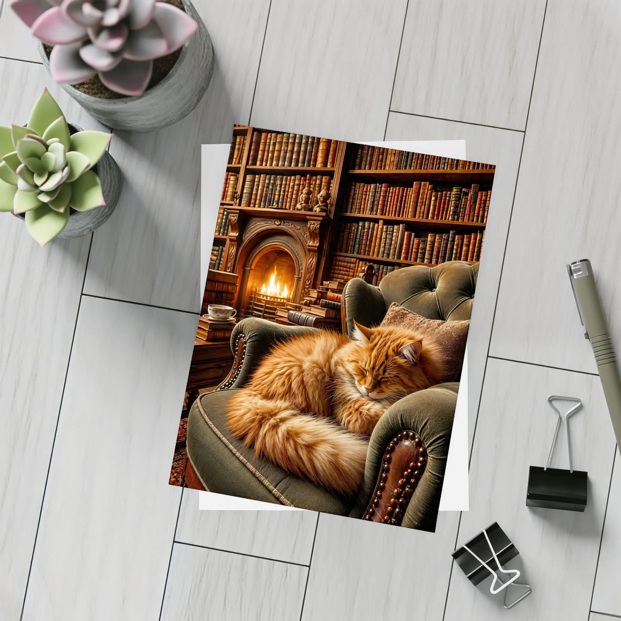 Orange Cat Sleeping in Cozy Library Armchair – Postcards
