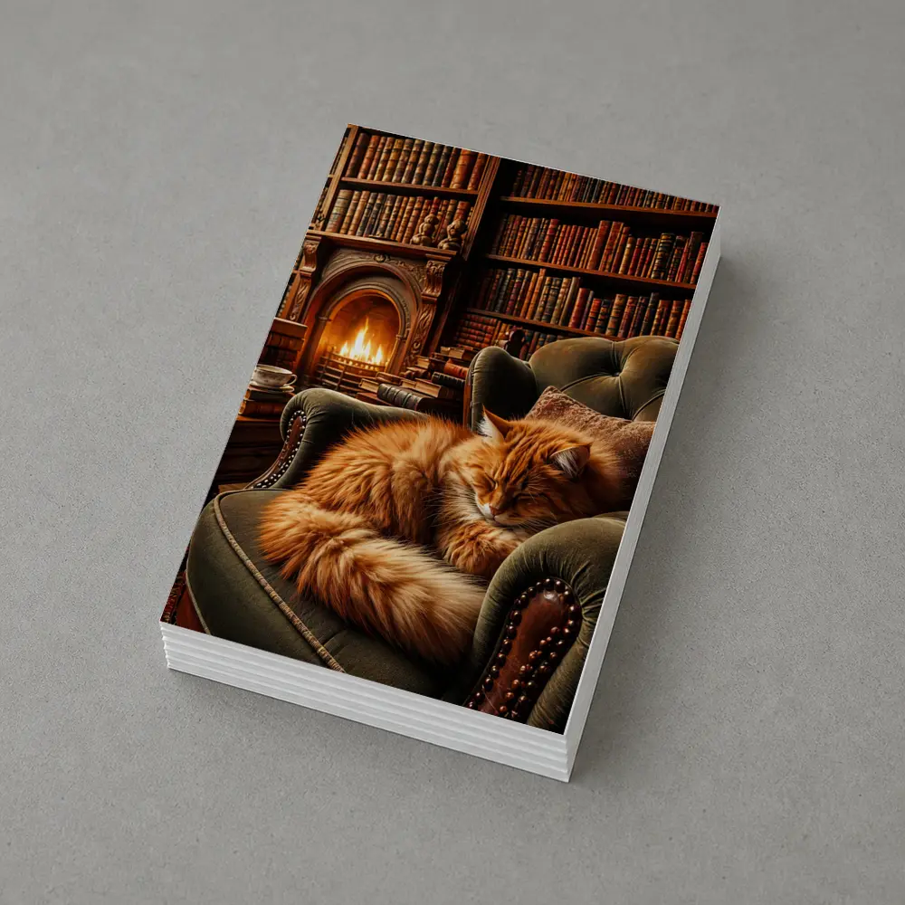Orange Cat Sleeping in Cozy Library Armchair – Postcards