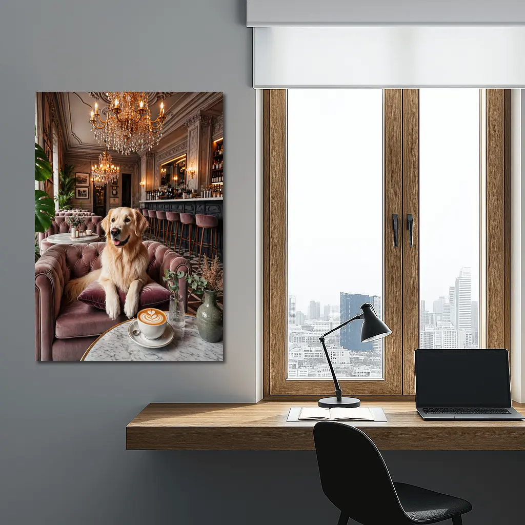 Golden Retriever Relaxing in Elegant Cafe – Wall Art