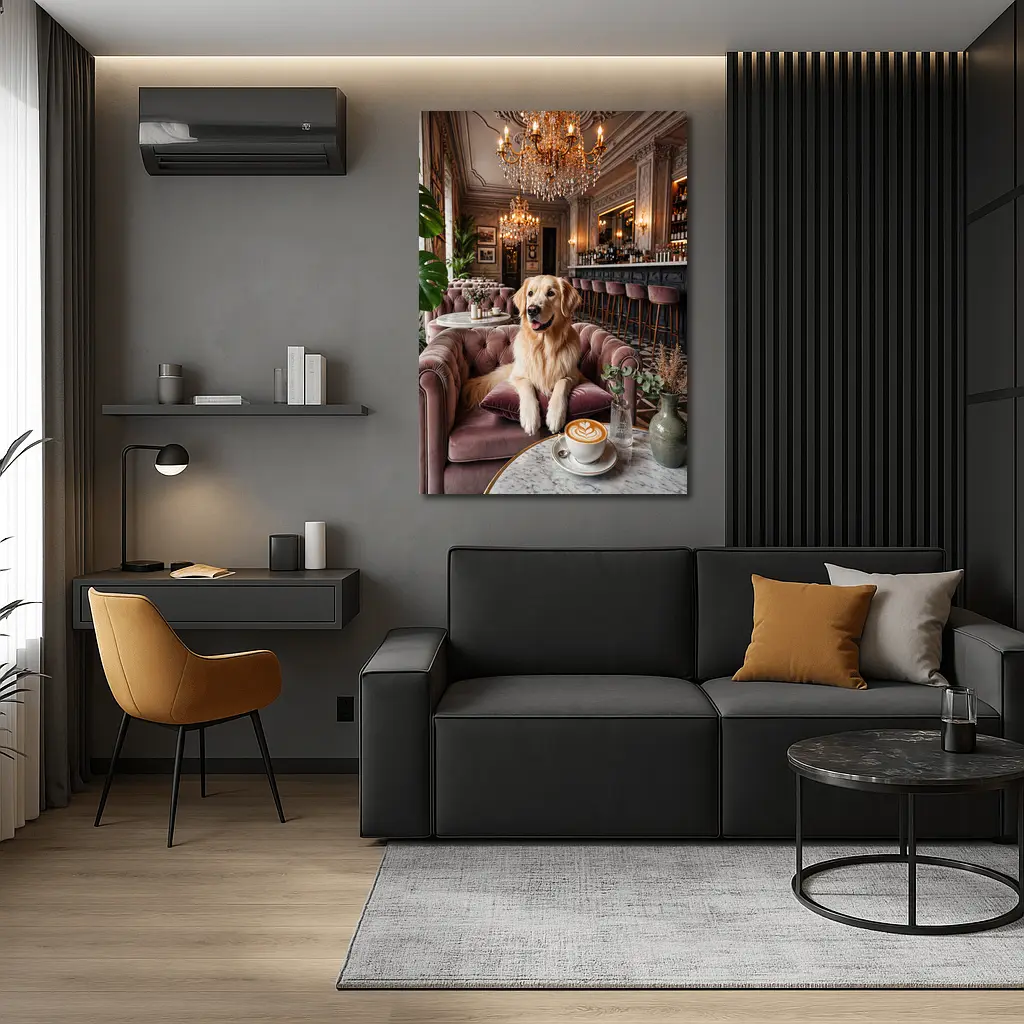 Golden Retriever Relaxing in Elegant Cafe – Wall Art