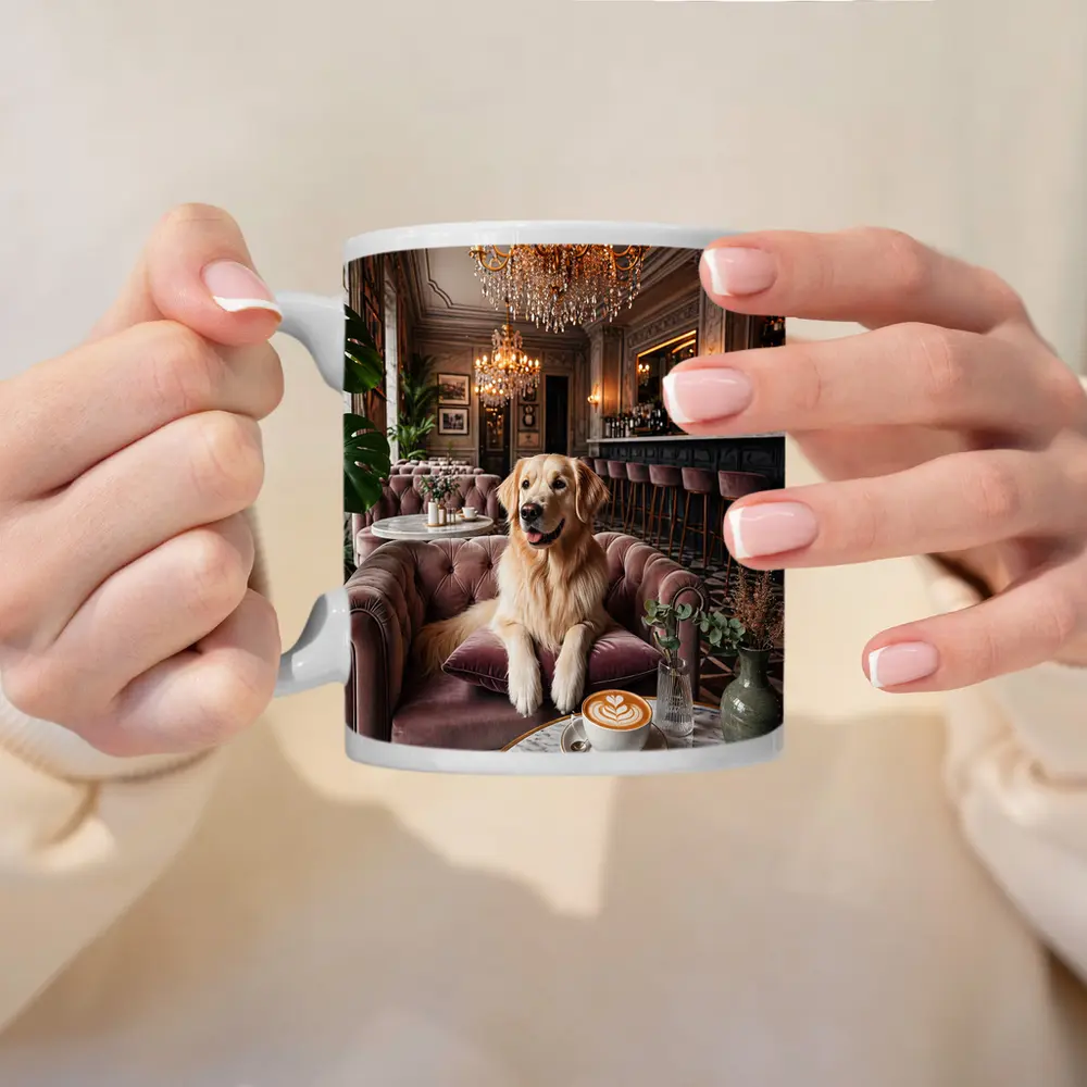 Golden Retriever Relaxing in Elegant Cafe – Mugs