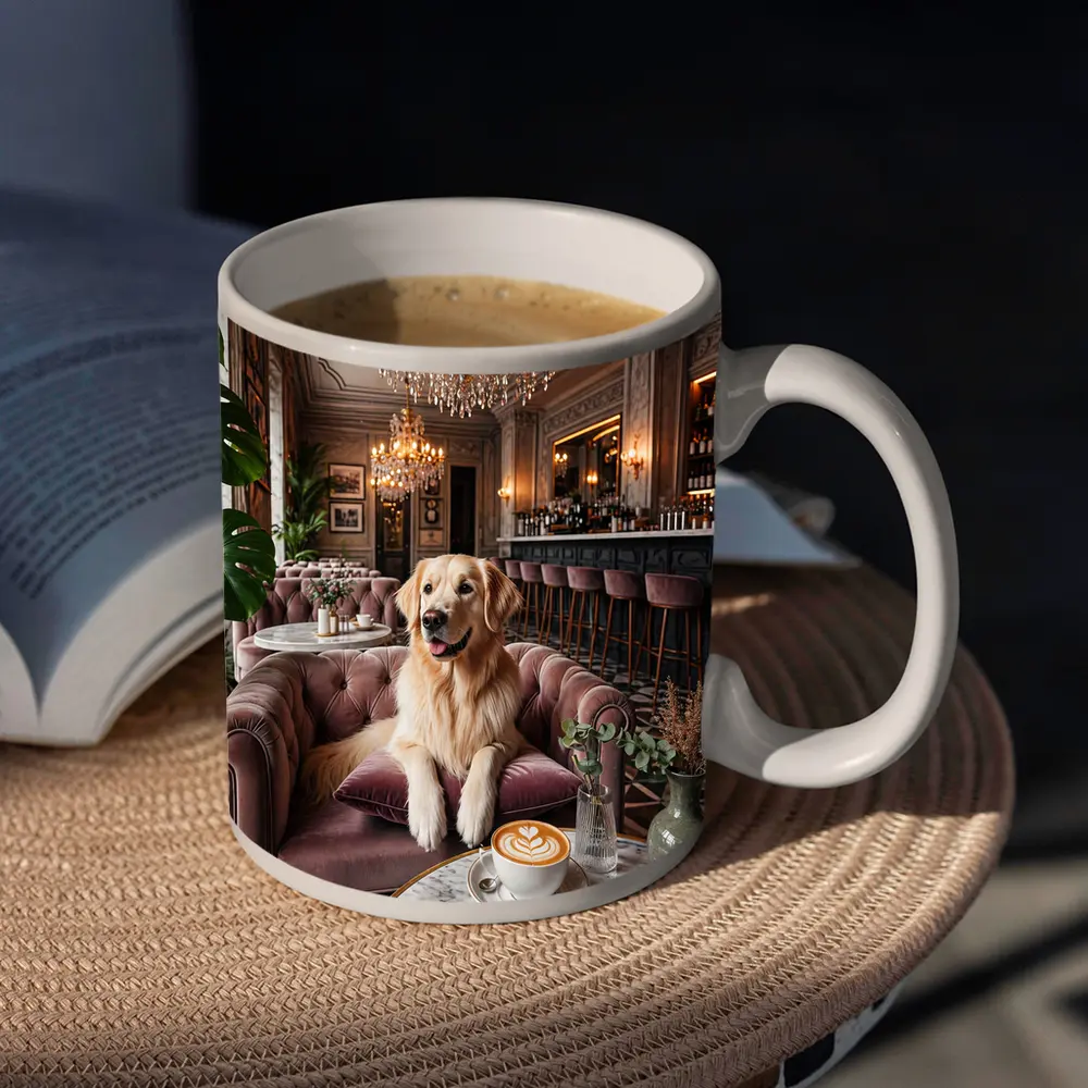 Golden Retriever Relaxing in Elegant Cafe – Mugs