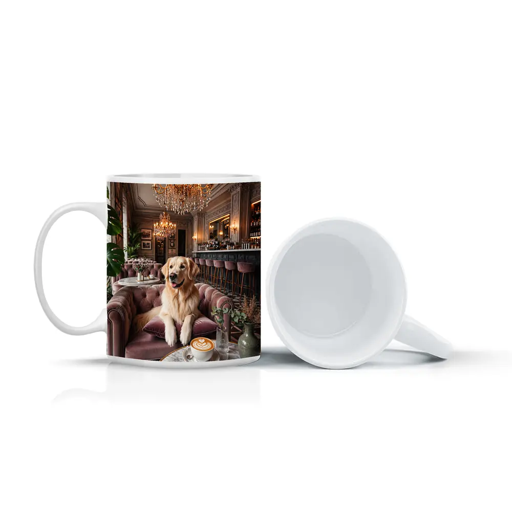 Golden Retriever Relaxing in Elegant Cafe – Mugs
