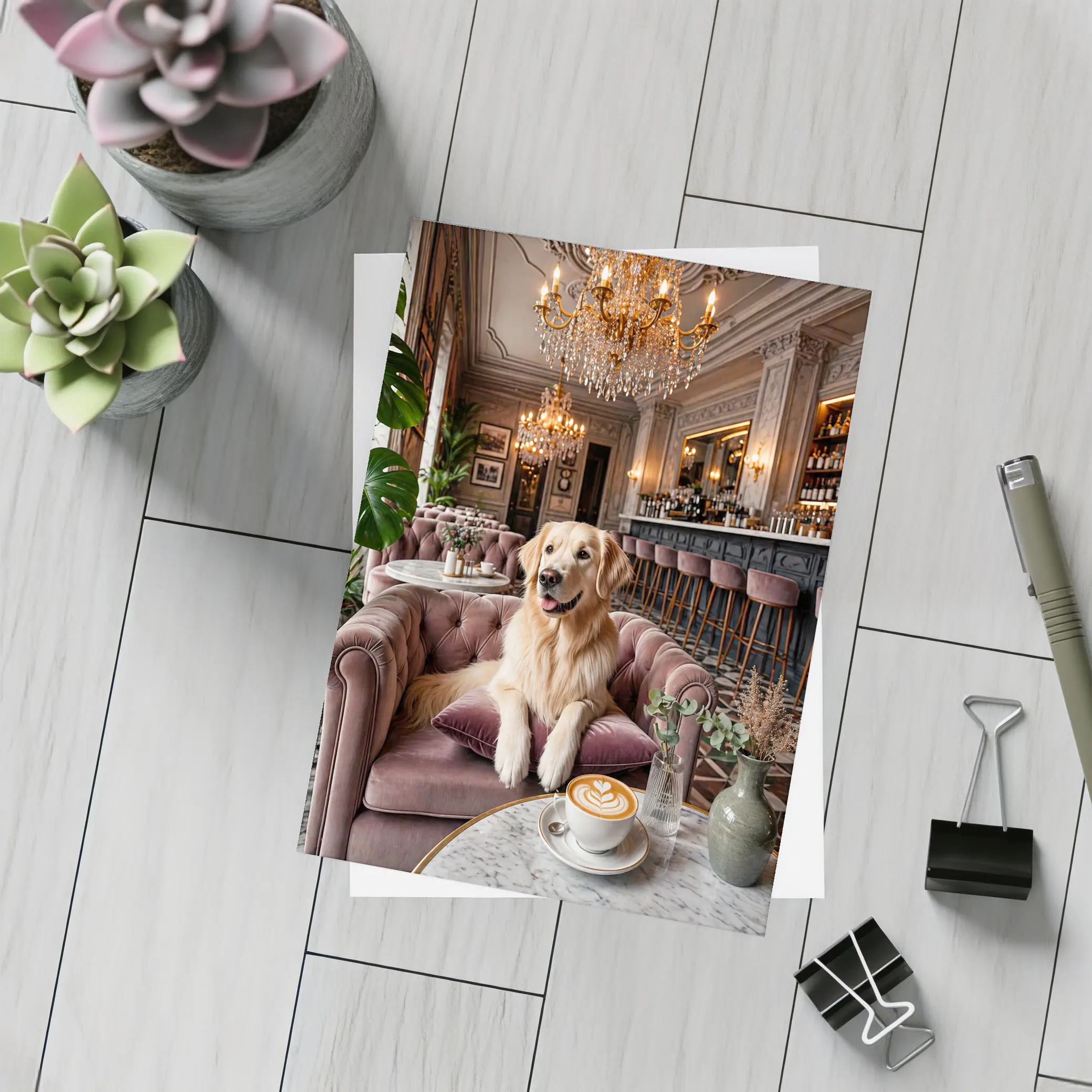Golden Retriever Relaxing in Elegant Cafe – Postcards