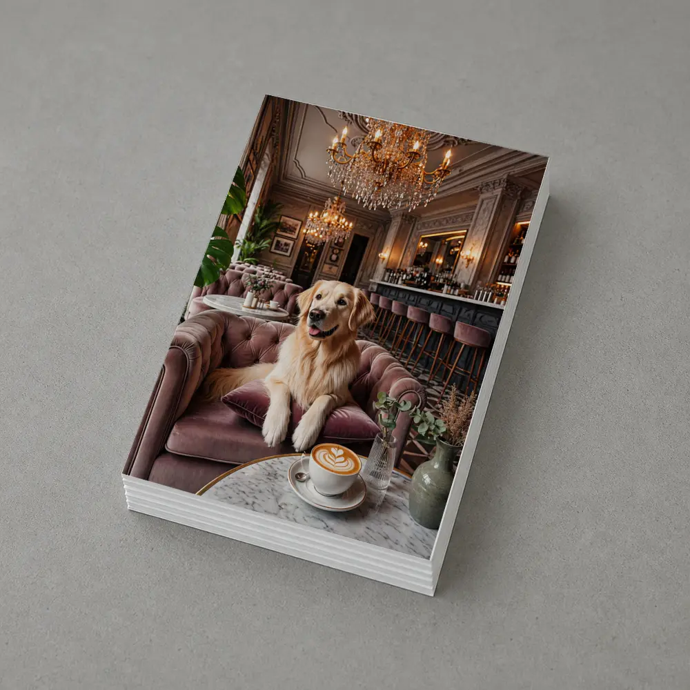 Golden Retriever Relaxing in Elegant Cafe – Postcards